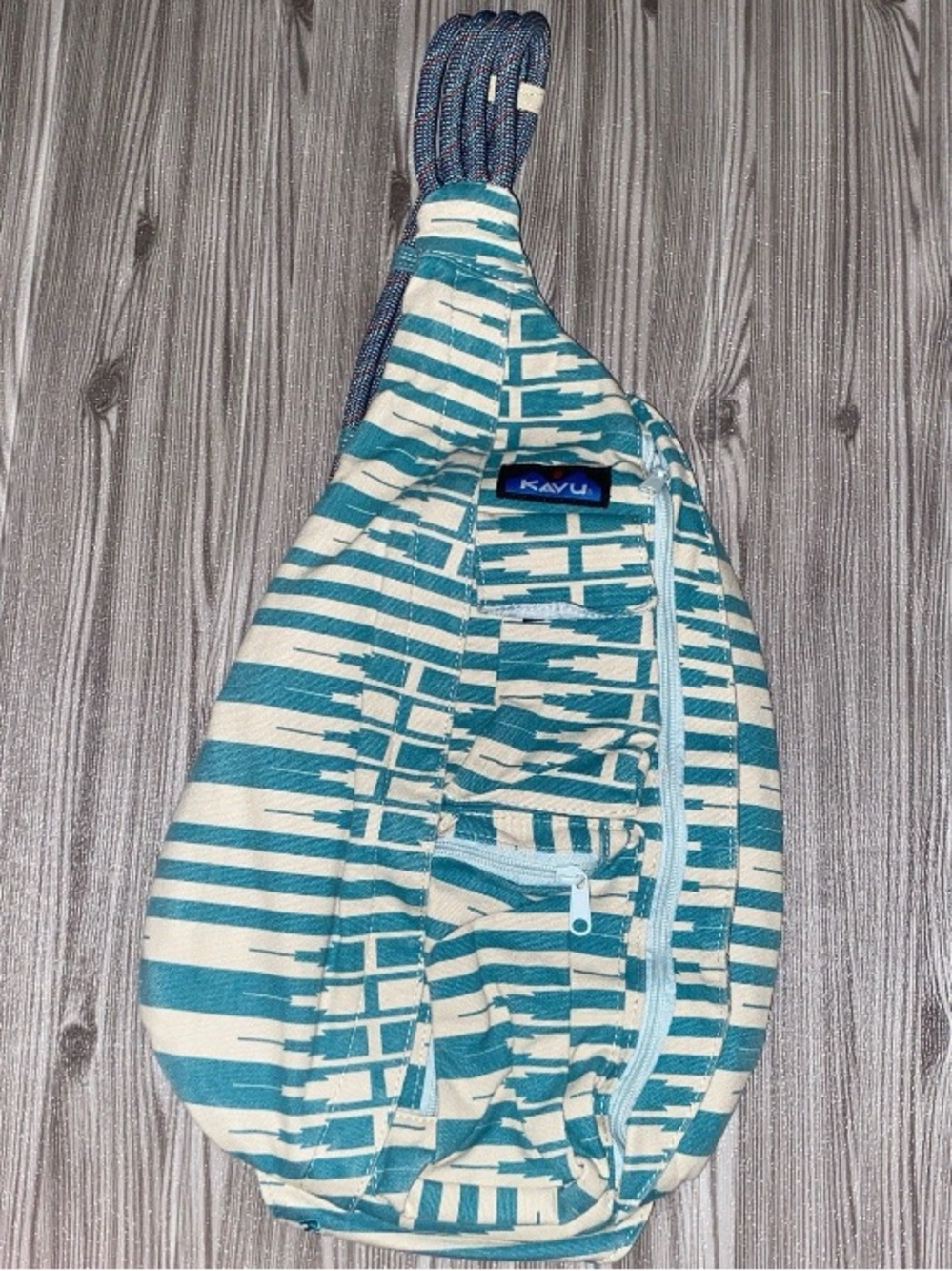 Kavu Teal and Cream Striped Rope Sling Bag